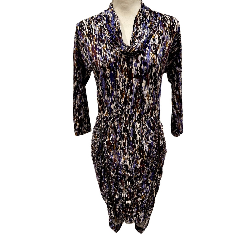 BCBG MAXAZRIA Black Stretchy Bodycon Dress | Ruched Skirt w Front Zippers (M)